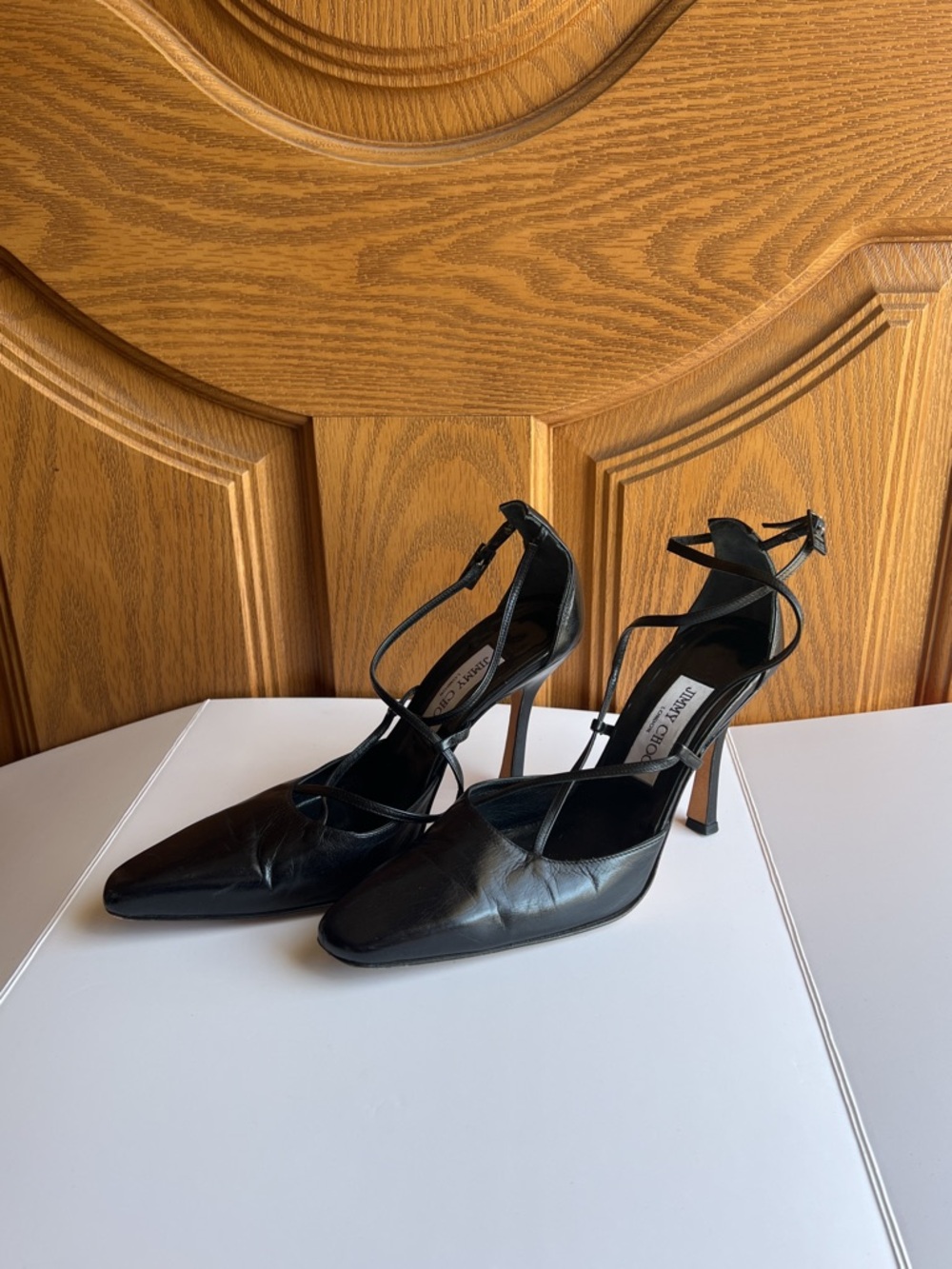 Jimmy Choo Black T-Strap Crisscross Pumps Sandals Almond Toe Iconic  Heels